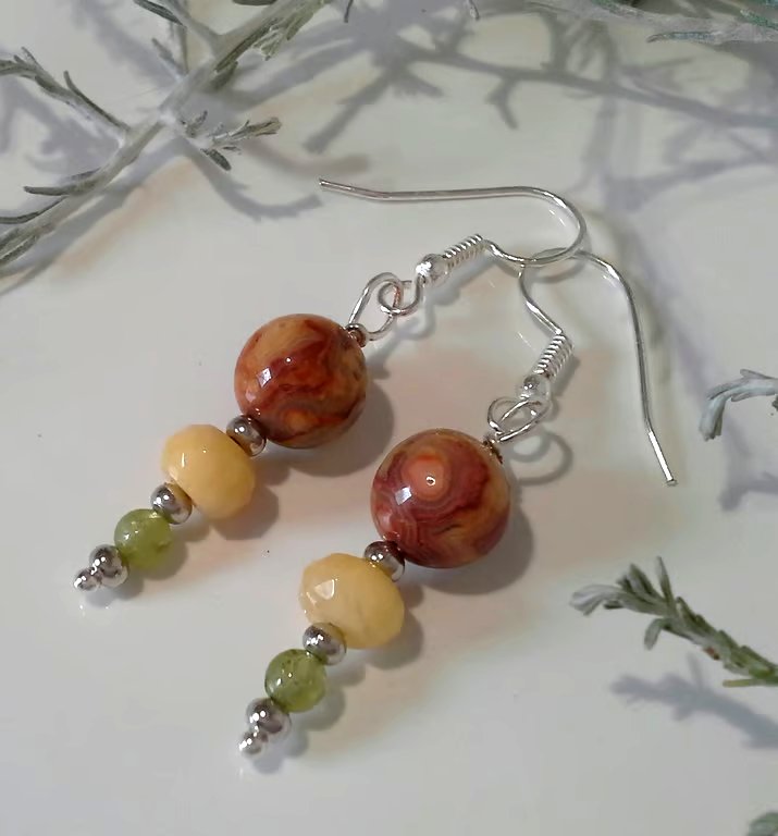 Agate, Peridot & Faceted Jade Earrings Silver Plate