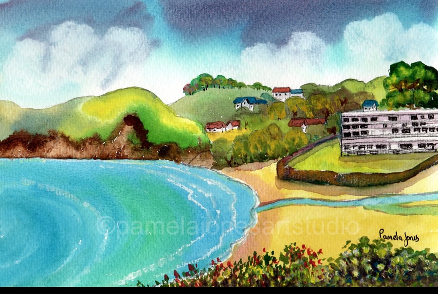 Caswell Bay Painting, Gower Painting, Original Watercolour, in 14 x 11 '' Mount