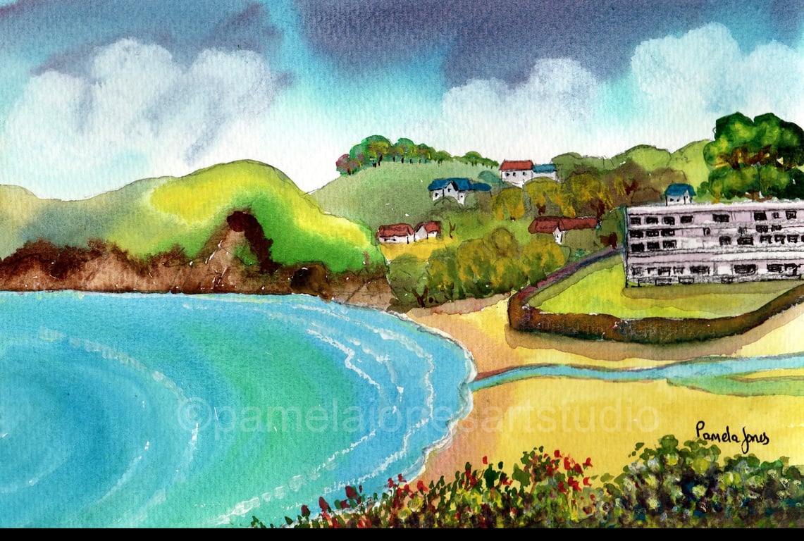 Caswell Bay Painting, Gower Painting, Original Watercolour, in 14 x 11 '' Mount