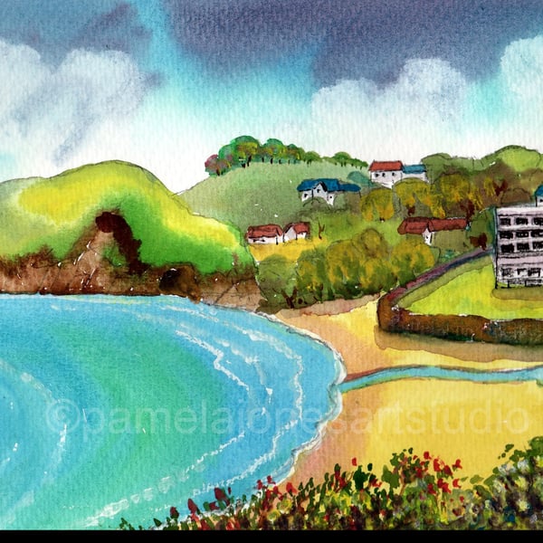 Caswell Bay Painting, Gower Painting, Original Watercolour, in 14 x 11 '' Mount