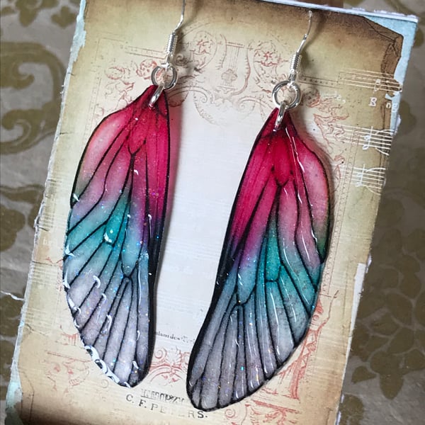 Large Pink Shimmering Fairy Wing Sterling Silver Earrings