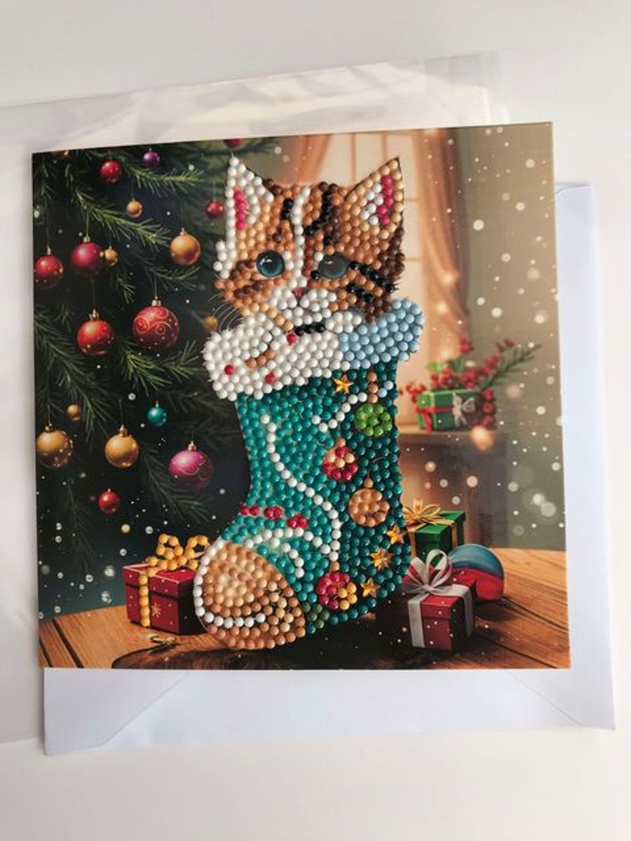  Diamond Art Christmas Card Cat  in the boot