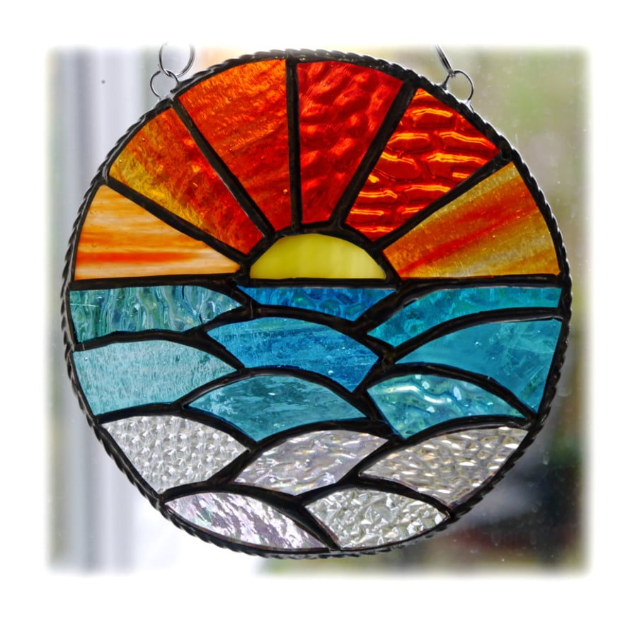Sunset Ocean Waves Stained Glass Suncatcher 