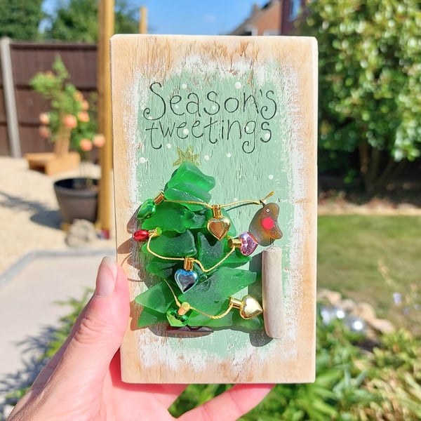 Sea Glass Robin Christmas Tree Wall Art - Handmade Festive Decoration or Gift