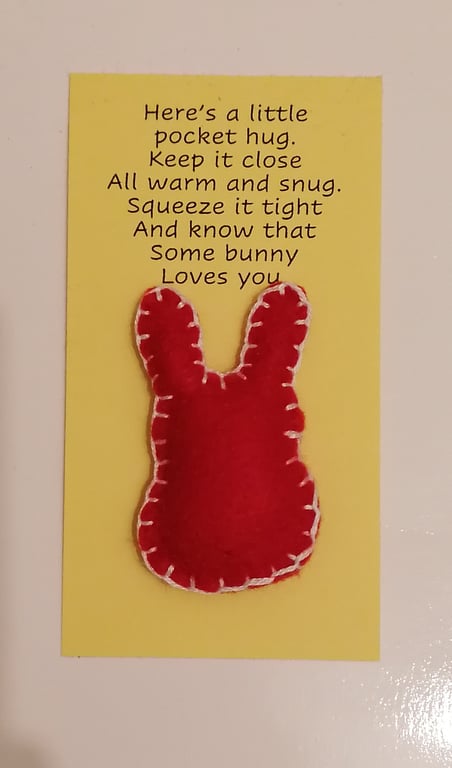 Handmade handsewn felt mini rabbit shaped pocket hug red