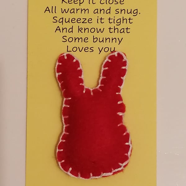 Handmade handsewn felt mini rabbit shaped pocket hug red
