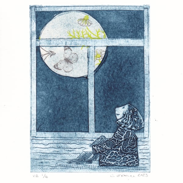 Flutterby  Moon - Collagraph Print with Chine Colle