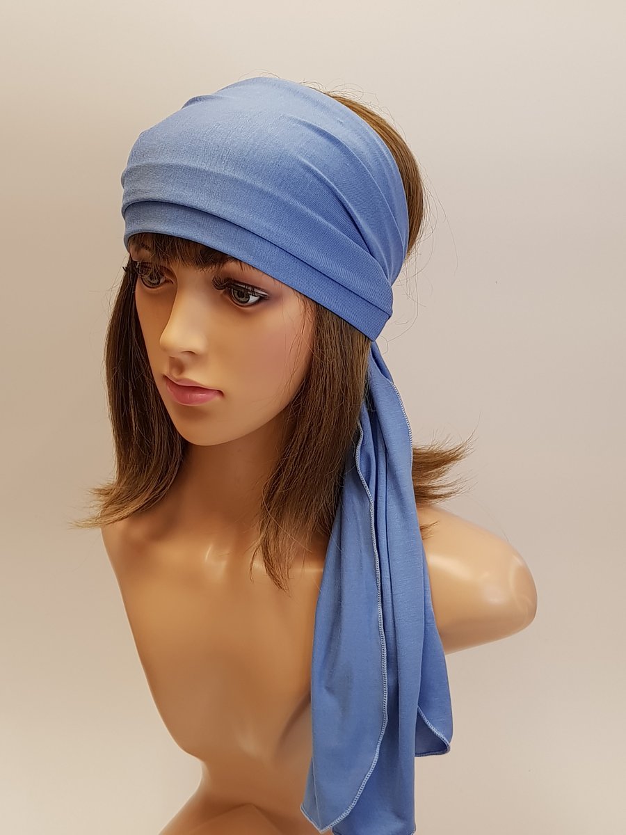 Blue hair wrap, wide stretchy hair scarf, viscose jersey bandanna dreadlocks