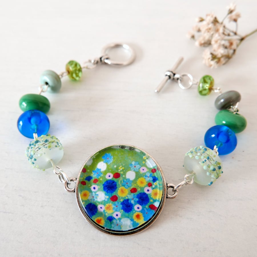 Blue Green Meadow Bracelet with Floral Art Pendant and Lampwork Beads