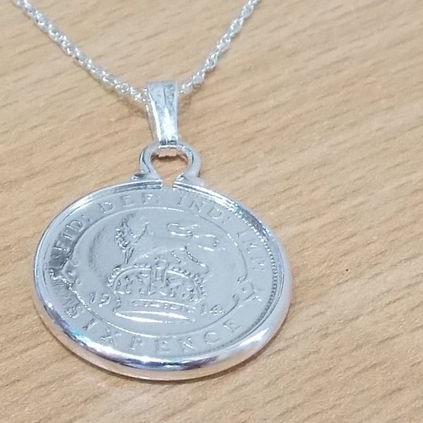 Aniversary gift, 1915 109th Birthday Anniversary sixpence coin pendant plus 18in