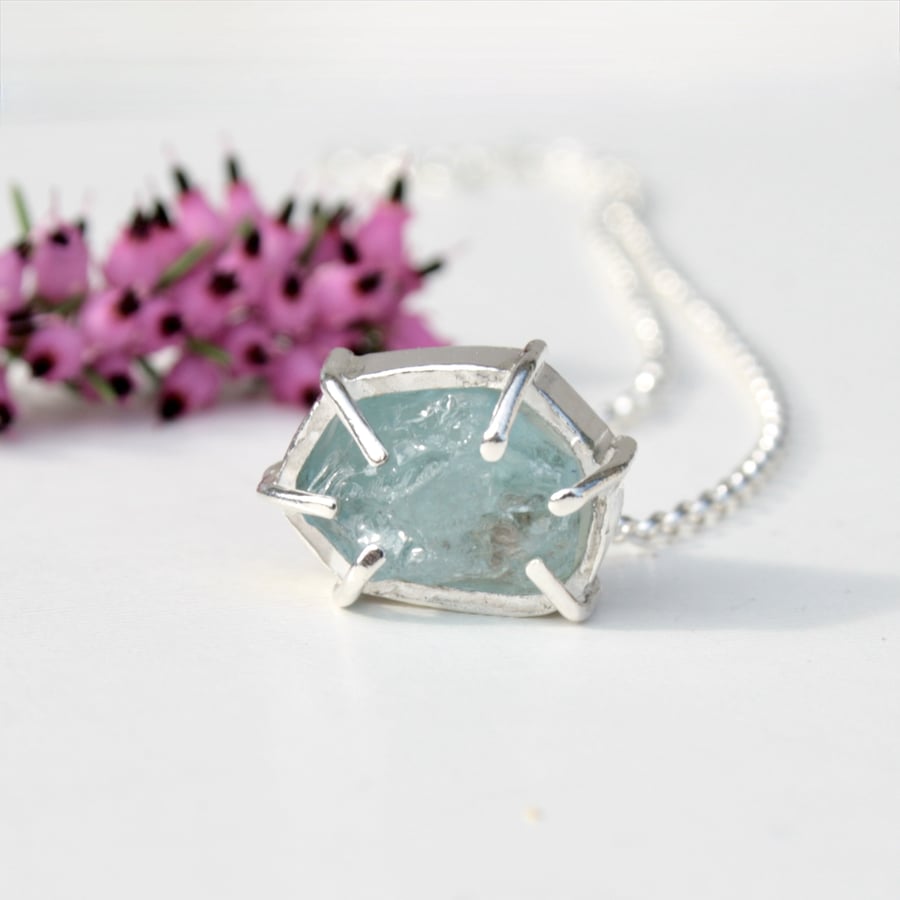 Rough aquamarine gemstone necklace, March birthstone jewellery