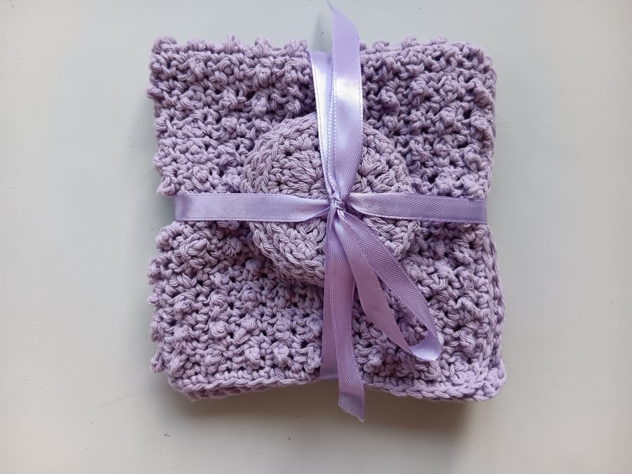 Crochet Flannel and Face Scrubbies (Purple) - reusable eco-cotton