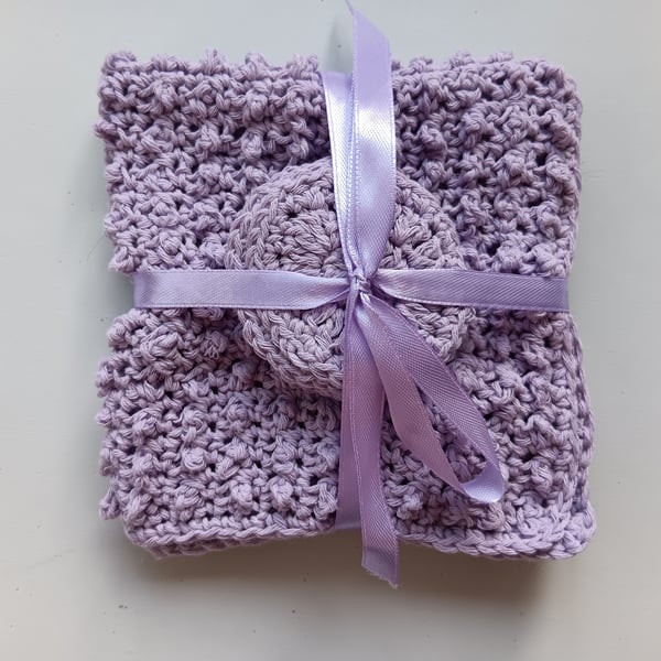 Crochet Flannel and Face Scrubbies (Purple) - reusable eco-cotton