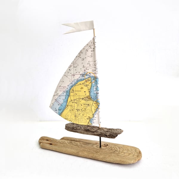 Ramsay, Isle of Man driftwood sailboat ornament, authentic nautical map sail