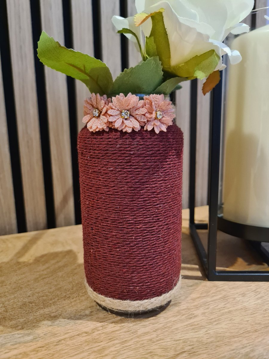 Burgundy yarn wrapped vase