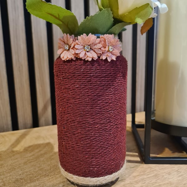 Burgundy yarn wrapped vase