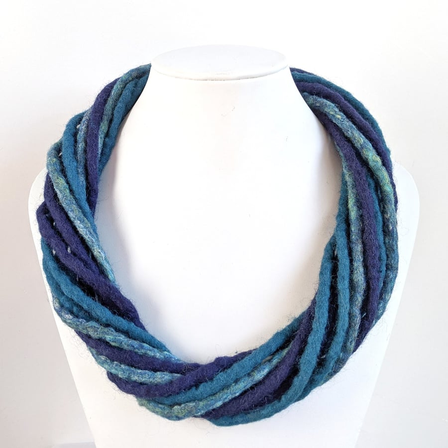 The Twist: felted cord necklace in shades of teal and navy