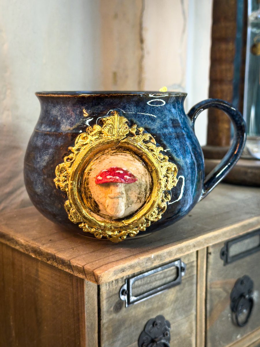 Coffee Mug with Fly Agaric Mushroom in gold frame