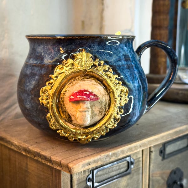 Coffee Mug with Fly Agaric Mushroom in gold frame
