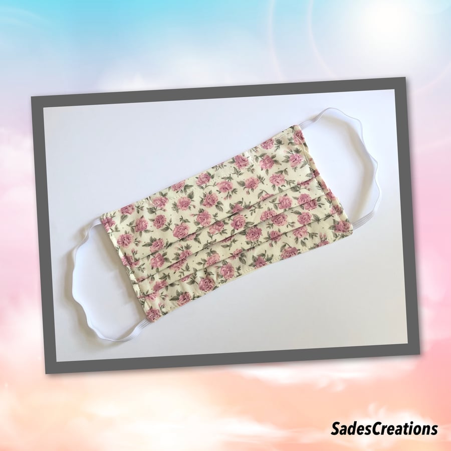 Two Layer Face Covering with Nose Wire in Floral Rose. 100% Cotton