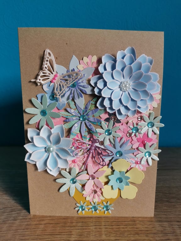 Multicolour flowers with butterfly - Luxury handmade keepsake greeting card  