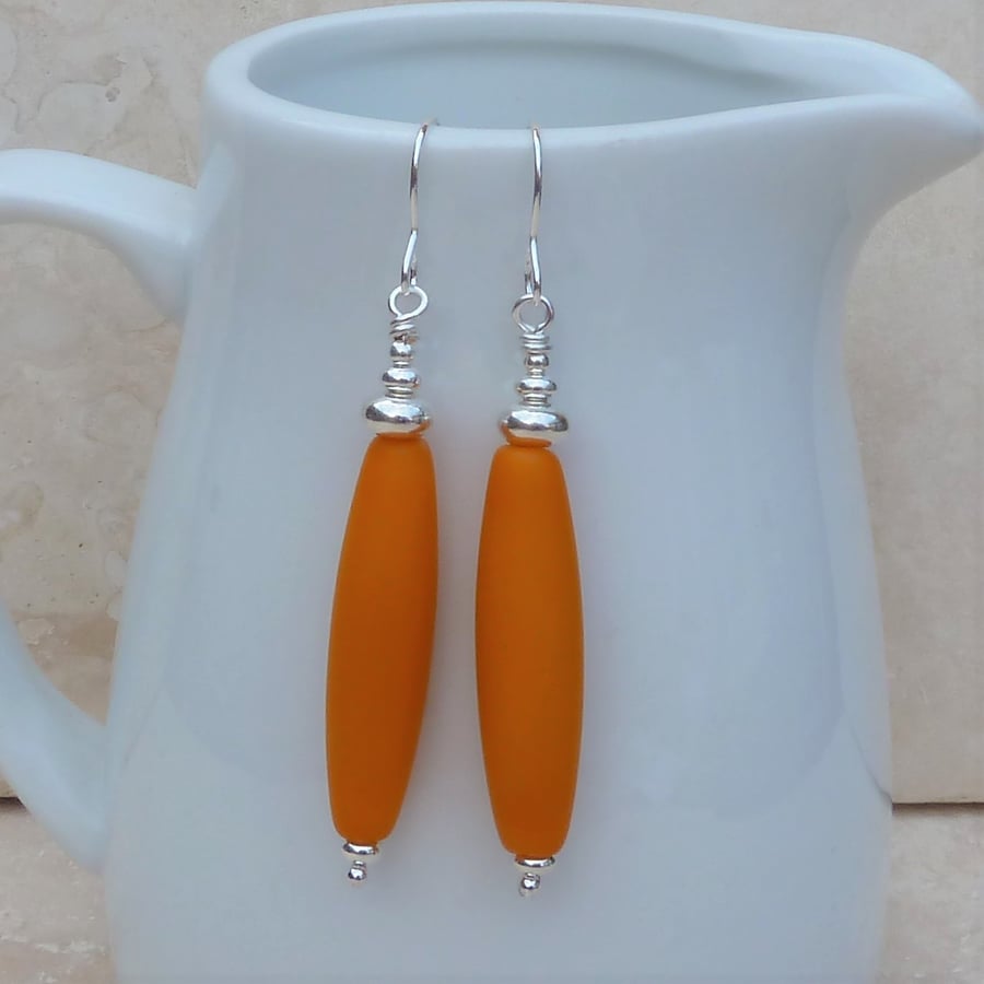 Long Orange Glass Bead and Sterling Silver Earrings - GEM064