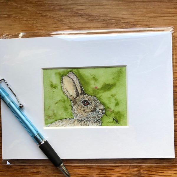 'Randolph Rabbit' Mounted print of miniature watercolour - FREE UK POST