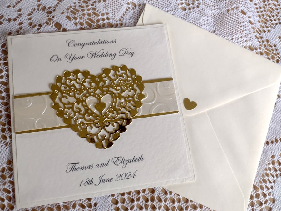 Golden Heart Wedding Card - Personalised - Congratulations - Anniversary