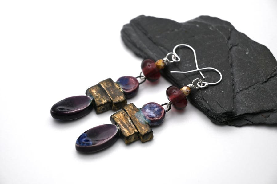 purple glass and ceramic earrings