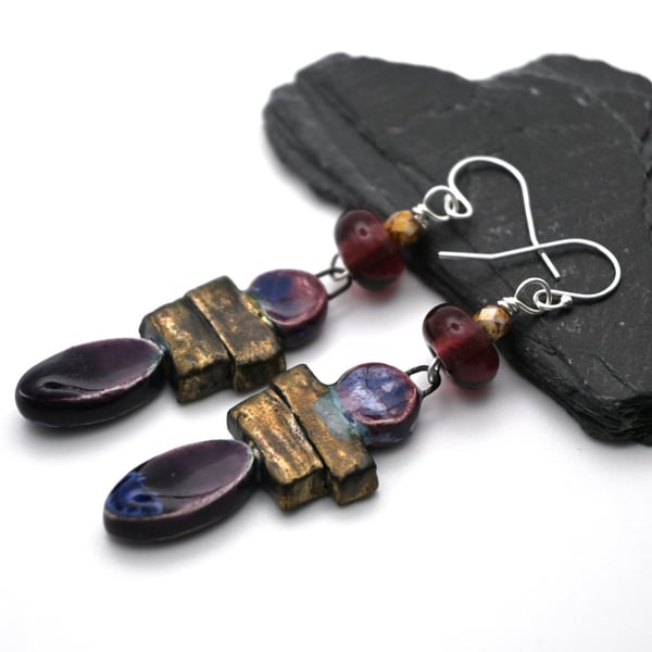 purple glass and ceramic earrings