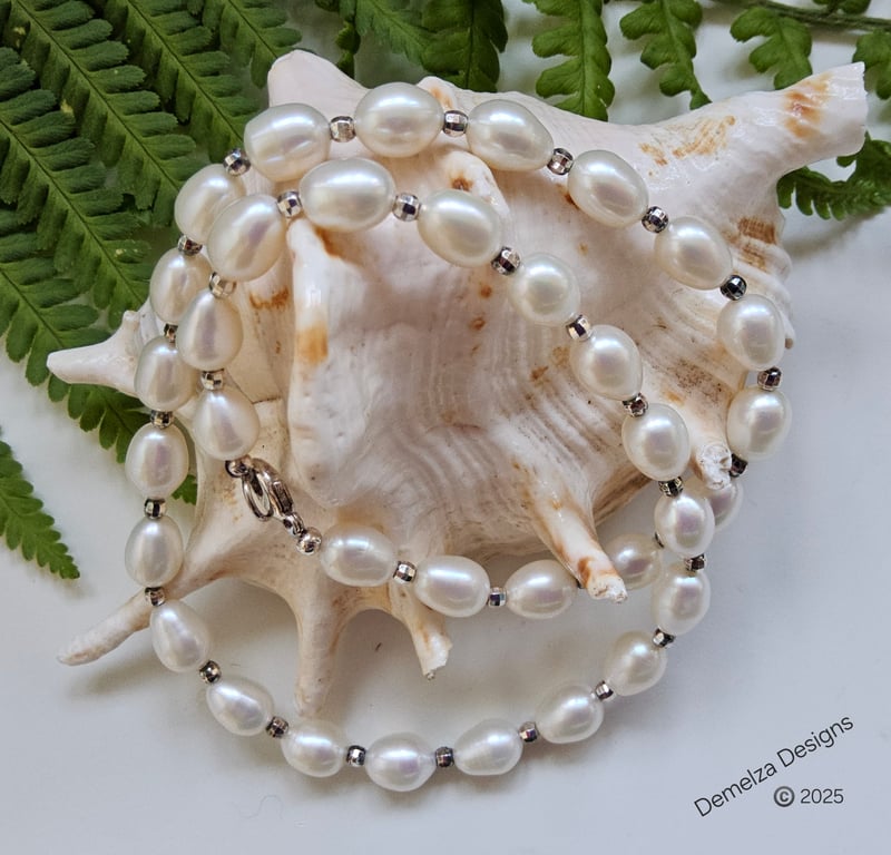 Designer Ivory Large Rice Freshwater Pearl Sterling Silver Necklace