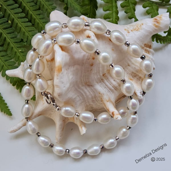 Designer Ivory Large Rice Freshwater Pearl Sterling Silver Necklace