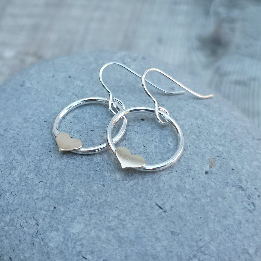 Sterling Silver and 9ct Gold Heart Circle Hoop Round Earrings