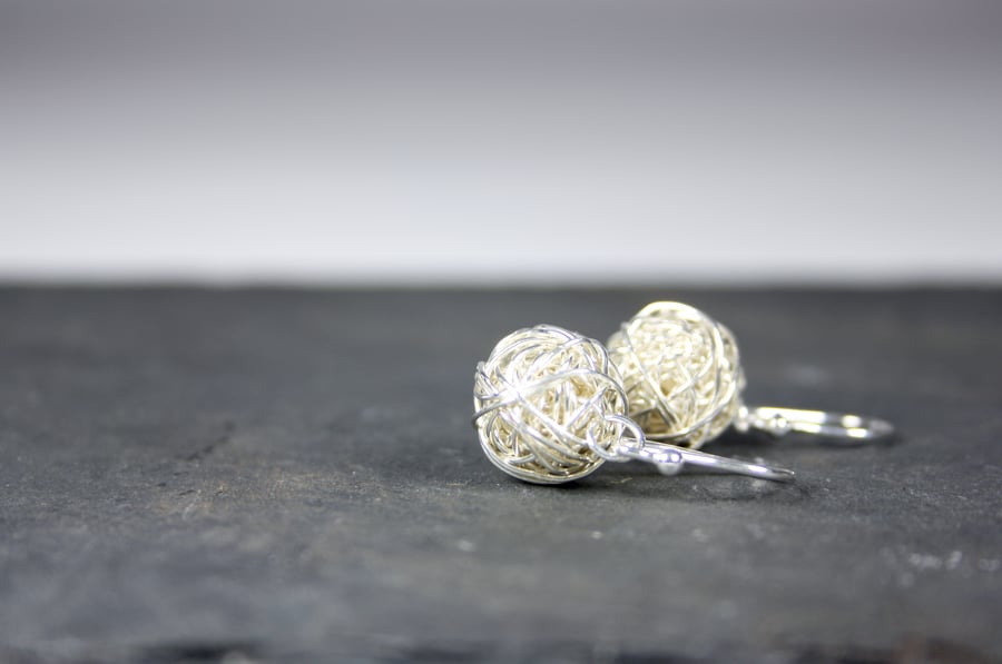 Delicate Silver Wire Bead Dropper Earrings Handmade