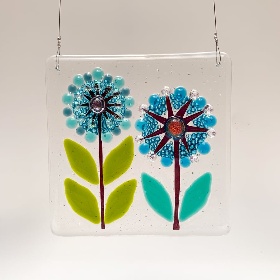 Fused Glass Turquoise Double Allium Hanging - Handmade Glass Suncatcher