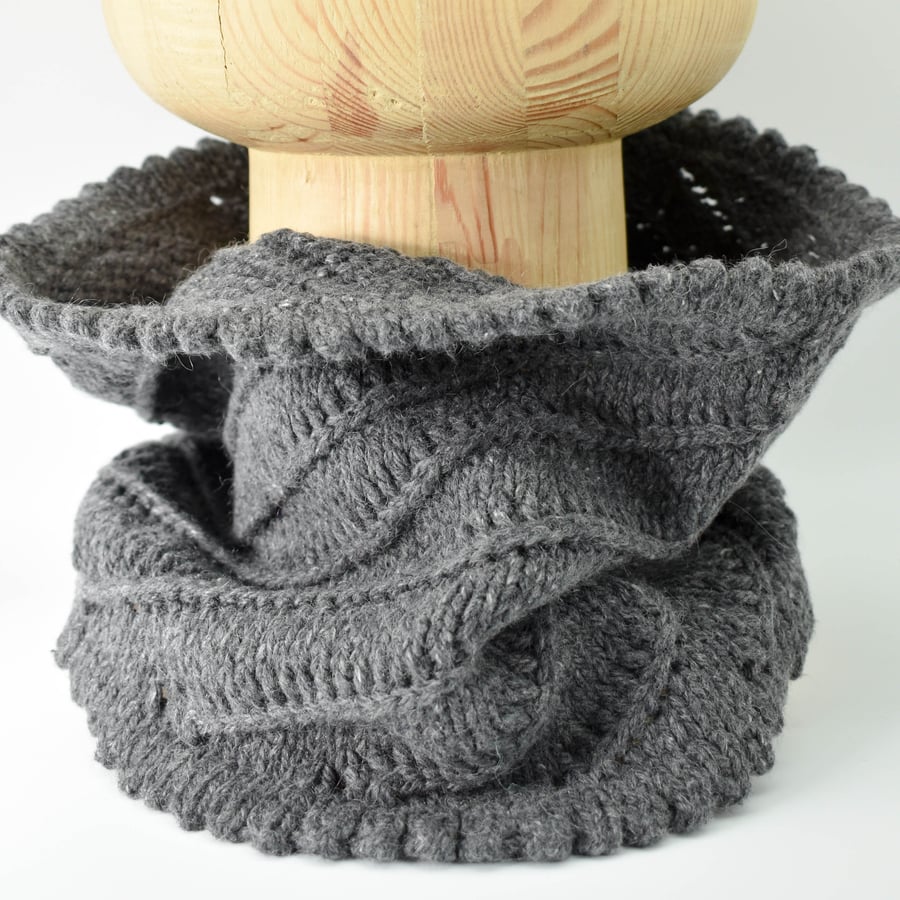 SOLD Hand Knitted Cowl Infinity Scarf - Charcoal Grey Cotton Cashmere Blend