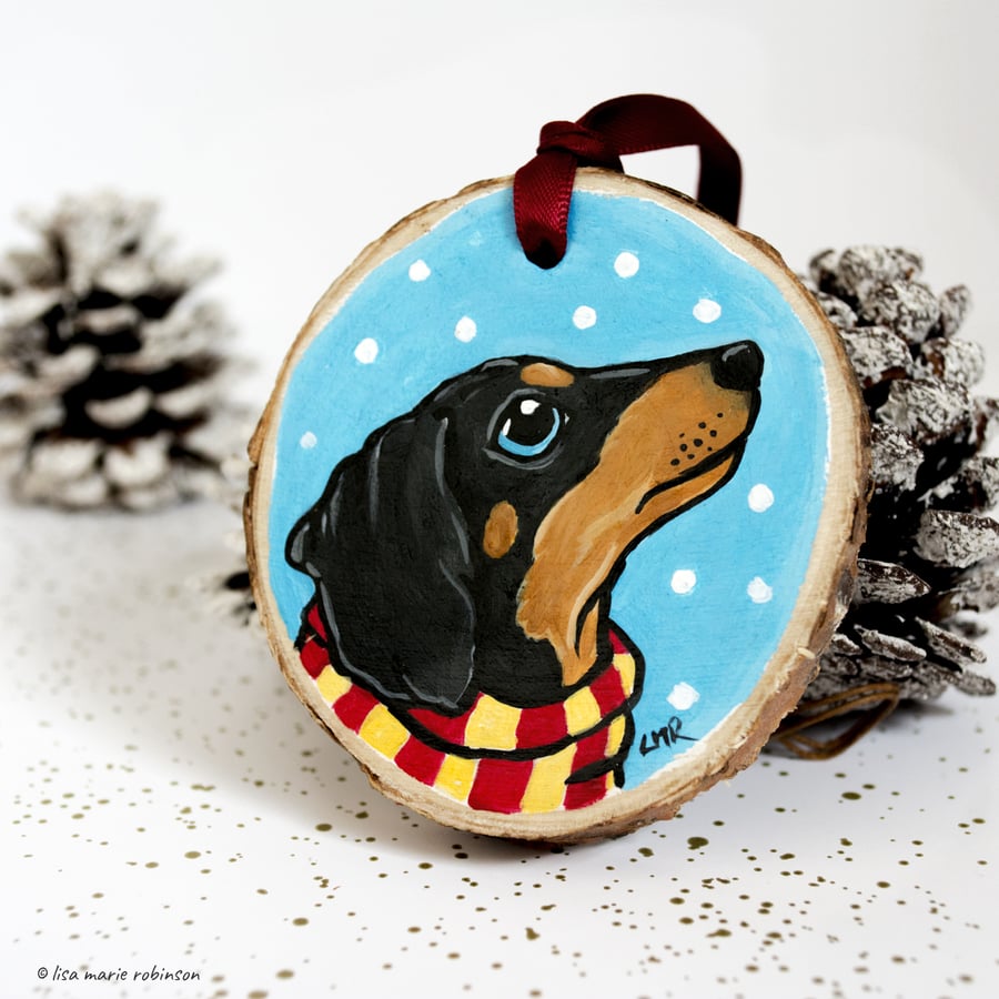Sausage Dog Festive Dachshund - Hand Painted Wooden Christmas Tree Decoration