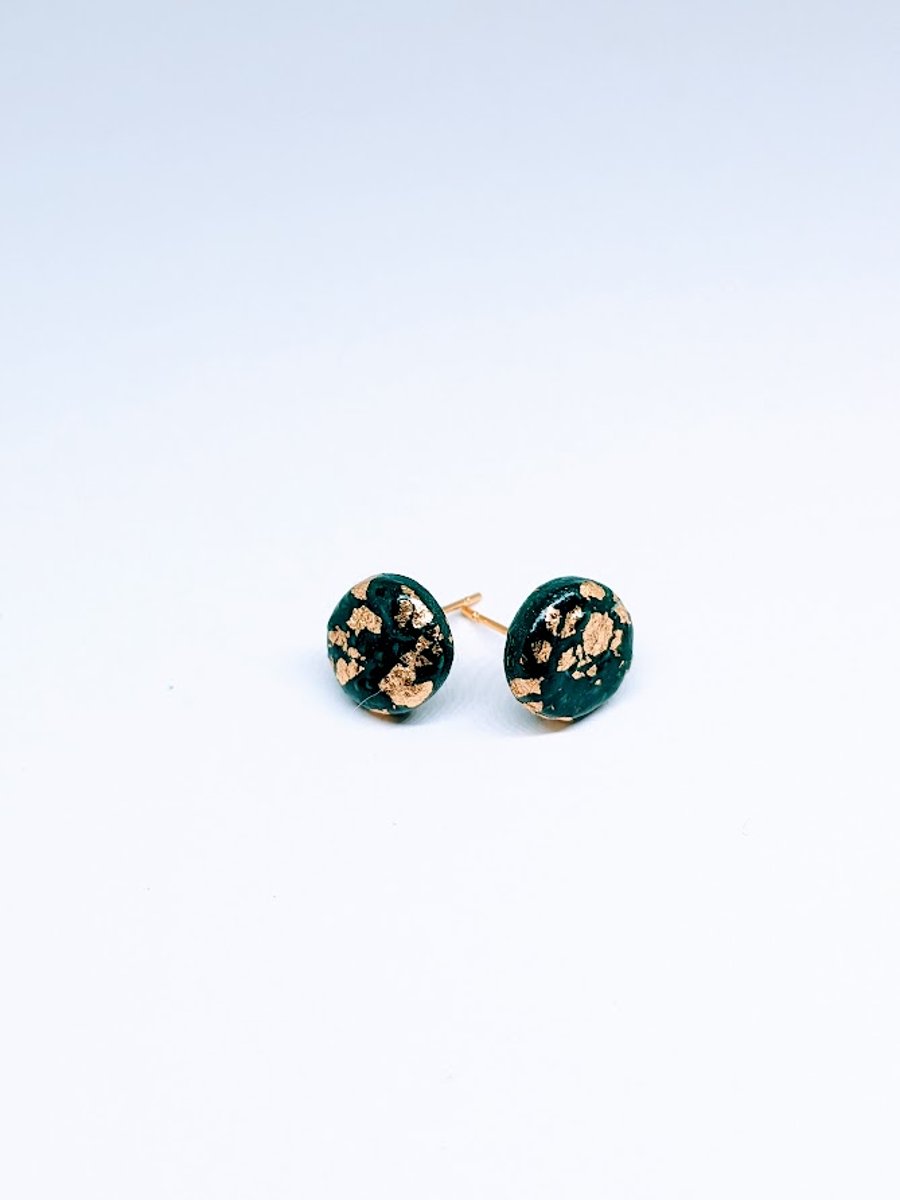 Circle disc dark green with gold leaf stud earrings