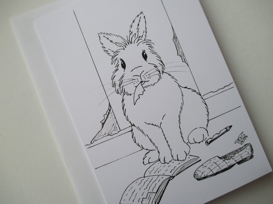 Bunny Rabbit Black & White Monochrome Blank Greetings Card Illustration