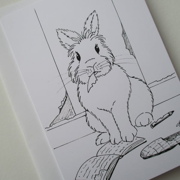 Bunny Rabbit Black & White Monochrome Blank Greetings Card Illustration