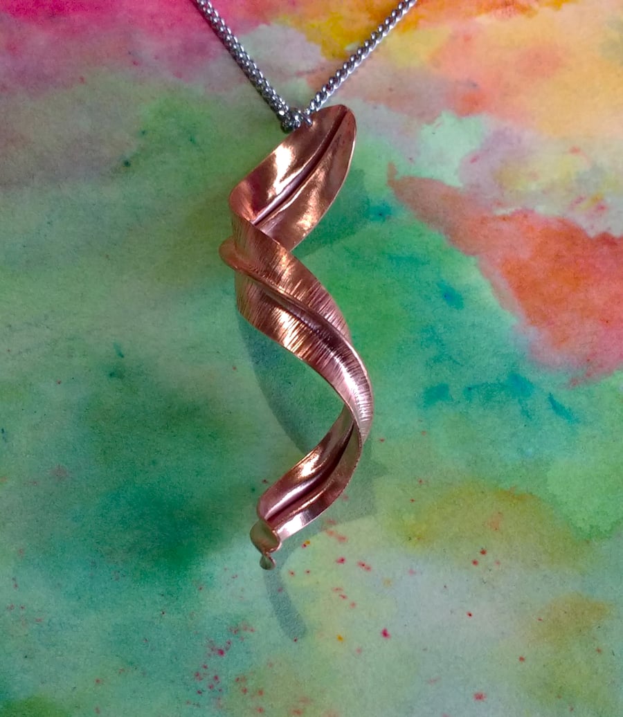 Spiral Twisted Leaf Long Copper Pendant on a Curb Chain