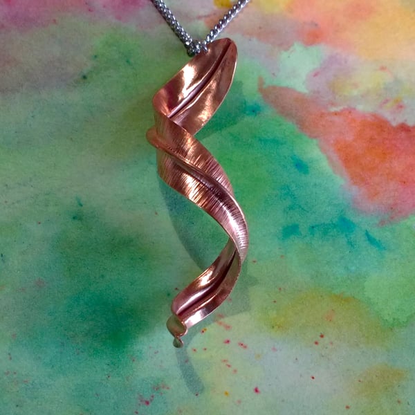 Spiral Twisted Leaf Long Copper Pendant on a Curb Chain