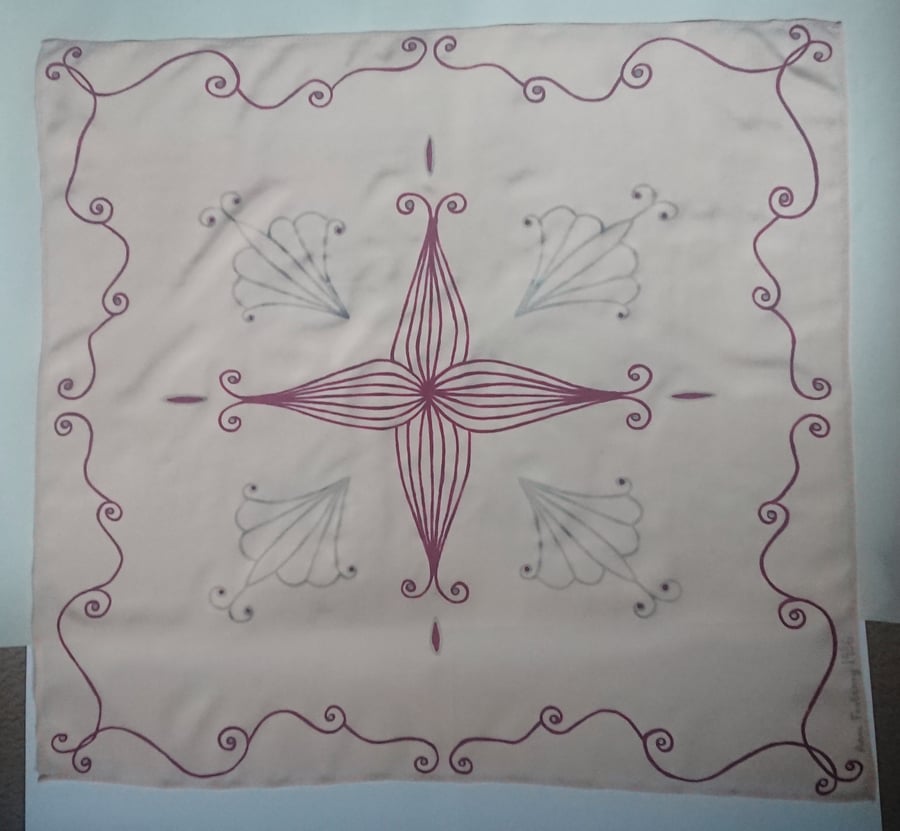 Second Silk small square neckerchief handpainted in pale pink and red
