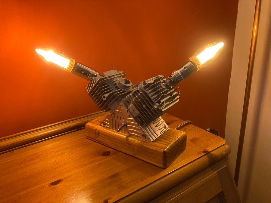 “V-Twin” Table Lamp, Upcycled Chainsaw Engine Cylinders