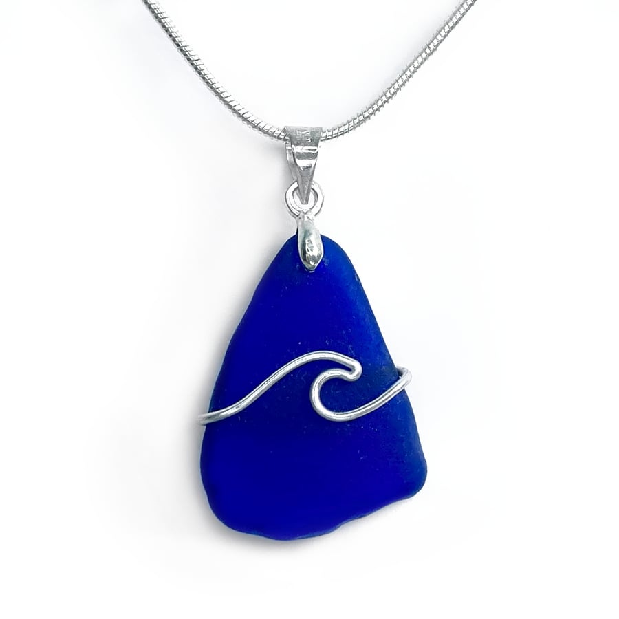 Sea Glass Pendant - Blue Wave Necklace. Scottish Silver Wire Wrapped Jewellery