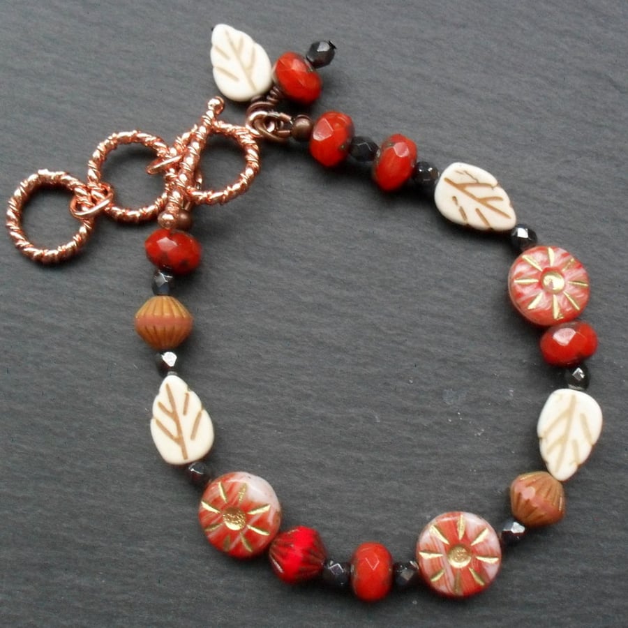 Flower and Leaf Bracelet Red with Rose Gold Plated Clasp