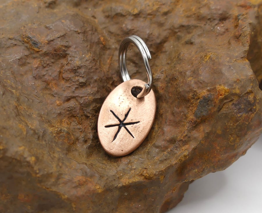 Recycled Oval Copper Strength Bindrune Split Keyring Charm, Bag Charm.