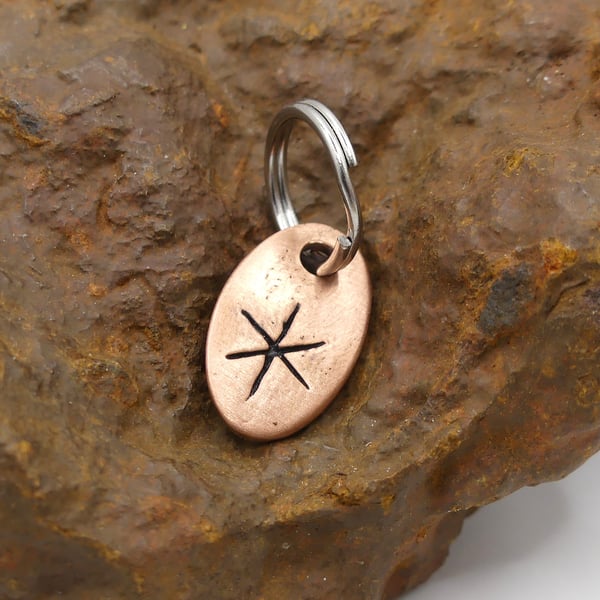 Recycled Oval Copper Strength Bindrune Split Keyring Charm, Bag Charm.
