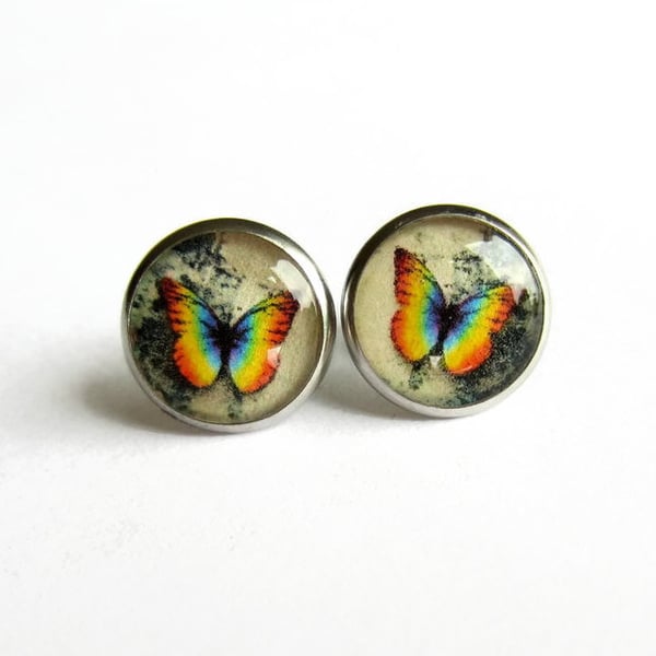 Rainbow Butterfly Resin Stud Earrings - Hypoallergenic