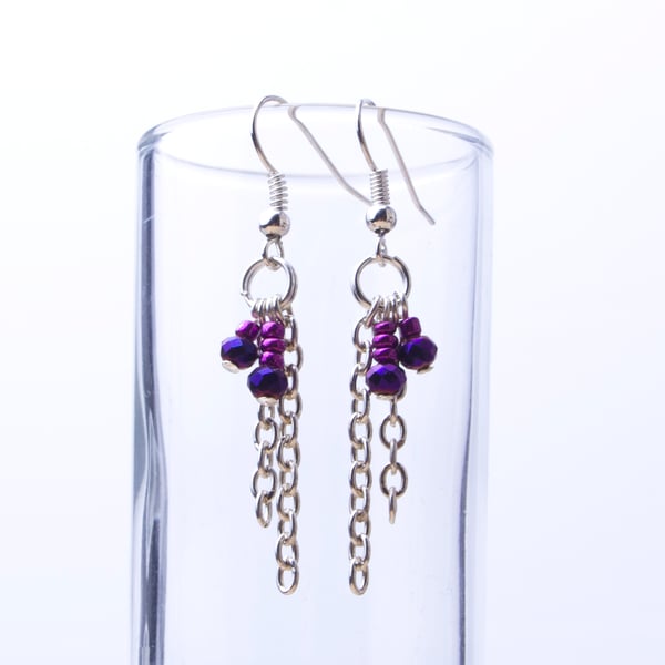 Beaded long chain earrings - pink and iridescent blue beads with silver chain
